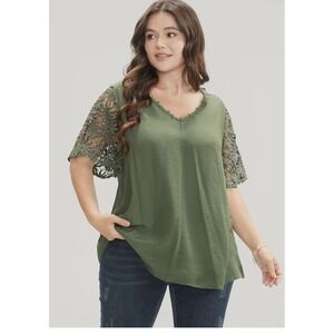 Bloomchic V-Neck Floral Crochet Blouse Top Short Sleeve Olive Green Plus Size 26